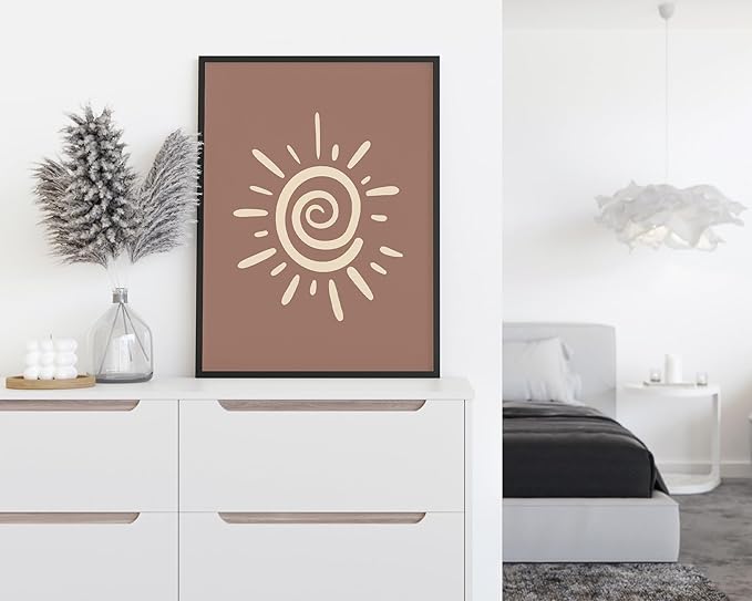 Abstract Spiral Sun Wall Art Swirl Sunburst Print Earth Tones Terracotta Tan Mid Century Modern 12x16 Inch Oak Wood Black Framed Tribal Boho Decor for Living Room