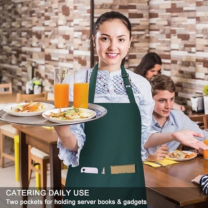 Jubatus 2 Pack 100% Cotton Aprons with 2 Pockets Cooking Chef Kitchen Adjustable Bib Apron for Women Men, Dark Green