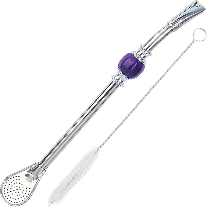Premium Yerba Mate Straws - Reusable Stainless Steel Bombilla Straw with Colorful Beads - Removable Head Filter (Purple)