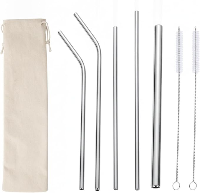Reusable Stainless Steel Straw Set with Cleaning Brushes & Travel Pouch - 7 Piece Eco-Friendly Kit