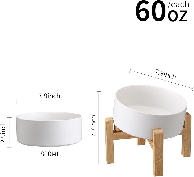 White Elevated/Raised 15°Tilted Anti Slip Ceramic Dog Bowl for Medium & Large Breeds,Slanted Bulldog Big Face Pet Feeding Food Water Dish Stand for Dogs (7.6 Cups/60OZ)
