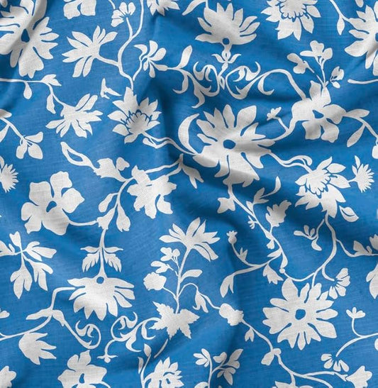 Soimoi Silky Satin Fabric Material, 1 Yard - 42" Inch Width, Blue - Floral Print - Soft Shiny Fabric for Dress, Pillowcases, Pajamas, Evening Dress, DIY