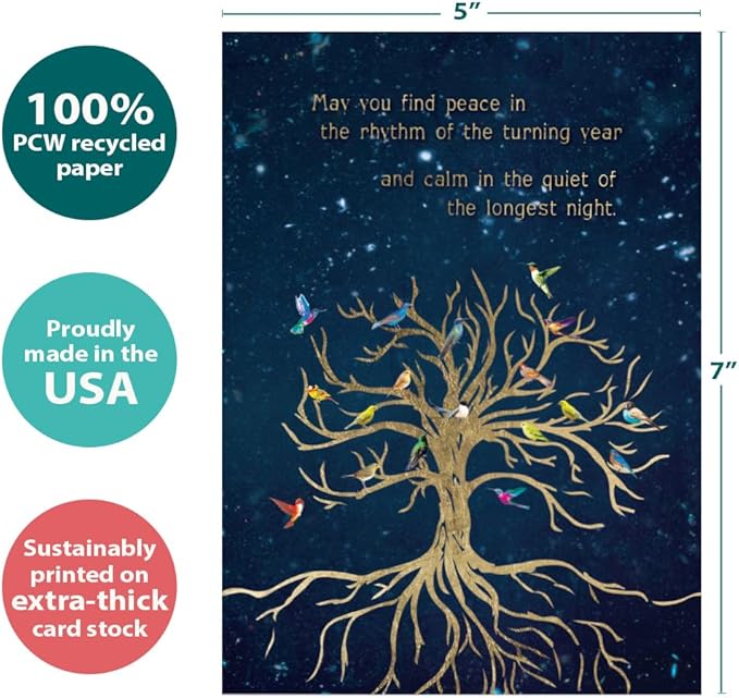 Tree-Free Greetings Bird Tree of Life Solstice Cards - 10 Recycled 5x7 Cards & Matching Envelopes, Thick Cardstock, Made in USA - Golden Growing Tree
