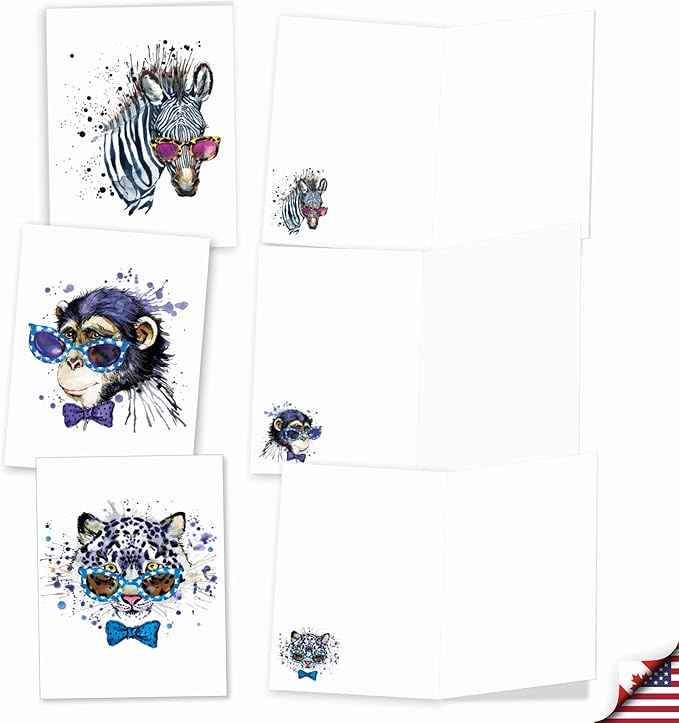 The Best Card Company Assorted Wildlife Watercolor Blank Card Box Set - Incl. 10 Animal Designs Notecards + Envelopes for Thank You, Invitations, More - Funky Colorful Creatures AM6749OCB-B1x10-NB