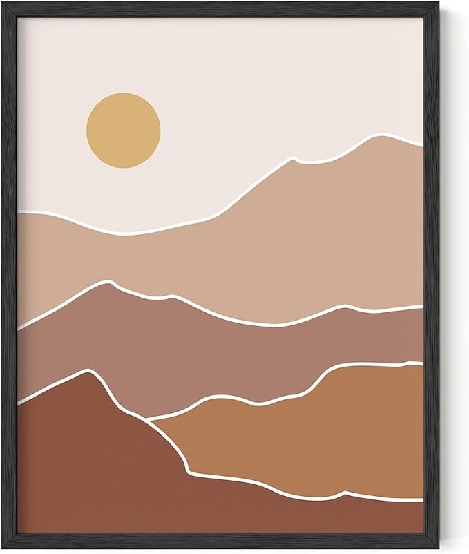 Abstract Mountain Landscape Wall Art Sun Rolling Hills Earth Tones Terracotta Mid Century Modern 11x14 Inch Oak Wood Black Framed Minimalist Scenery Print for Nursery Decor