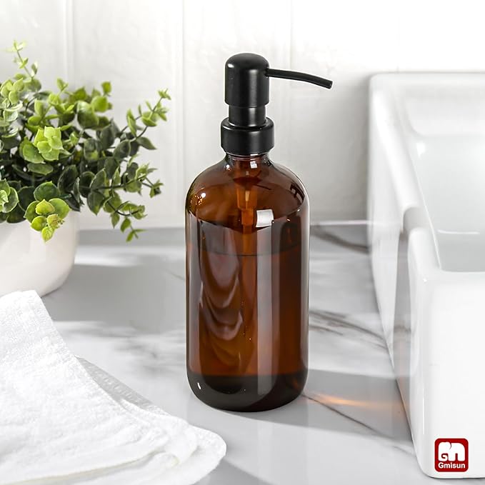 GMISUN Amber Glass Soap Dispenser, 1 Pack Dish Soap Dispensers for Kitchen with Rustproof Stainless Steel Pump, 17 Fl Oz Bathroom Hand Soap Dispenser, Brown Liquid Dishwashing Dispensers Bottle