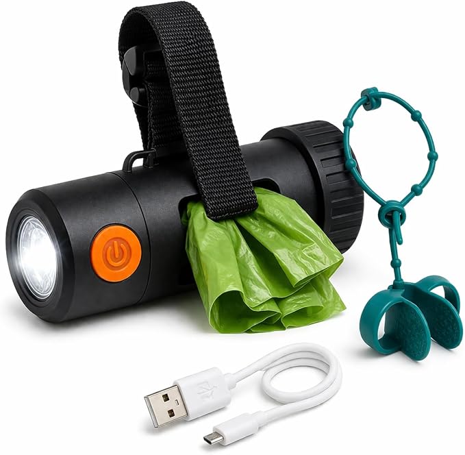 Dog Poop Bag Holder with Rechargeable LED Flashlight – Quick-Silicone Finger Grip Bag Opener, Hands-Free Dispenser with Silicone & Velcro Straps & Hand Strap – Fits Any Leash for Easy Dog Walking