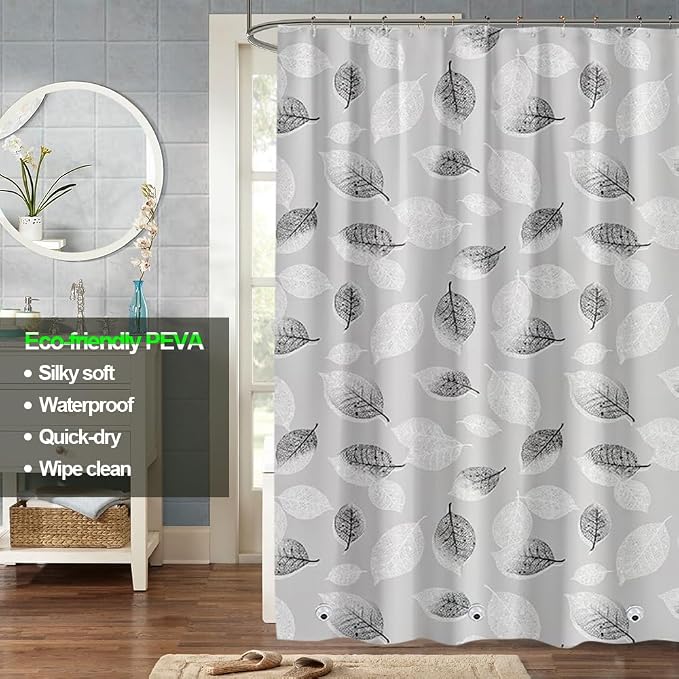 Plastic Shower Liner - Premium PEVA 4G Shower Curtain Liner with Rustproof Grommets and 3 Weighted Magnets, Waterproof Shower Curtains for Bathroom (Black and White Leaf)