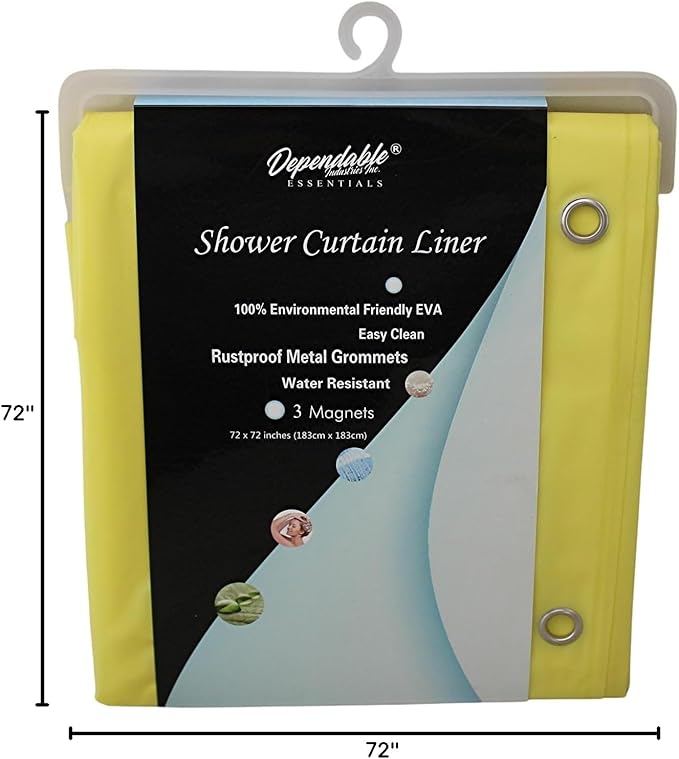 Dependable Industries inc. Essentials EVA Shower Curtain Liner - Water-Resistant, Rustproof Metal Grommets, 3 Magnets Bottom, Easy Clean, 72" x 72" Size (Yellow)
