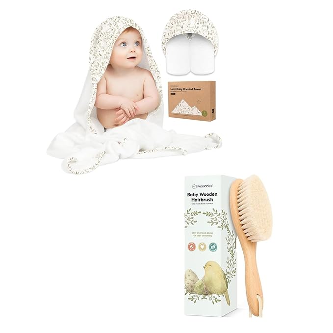 KeaBabies Baby Hooded Towel and Baby Hair Brush - Soft Bath Towels with Hood for Kids and Infant, Wooden Hairbrush with Soft Goat Bristles for Cradle Caps