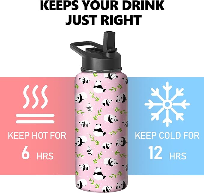 32oz Pink Panda Water Bottle with Handle and Flip Straw, Sports Stainless Steel Insulated Cup Travel Coffee Mug Tumbler, Birthday Mothers Day Chritmas Gifts for Women