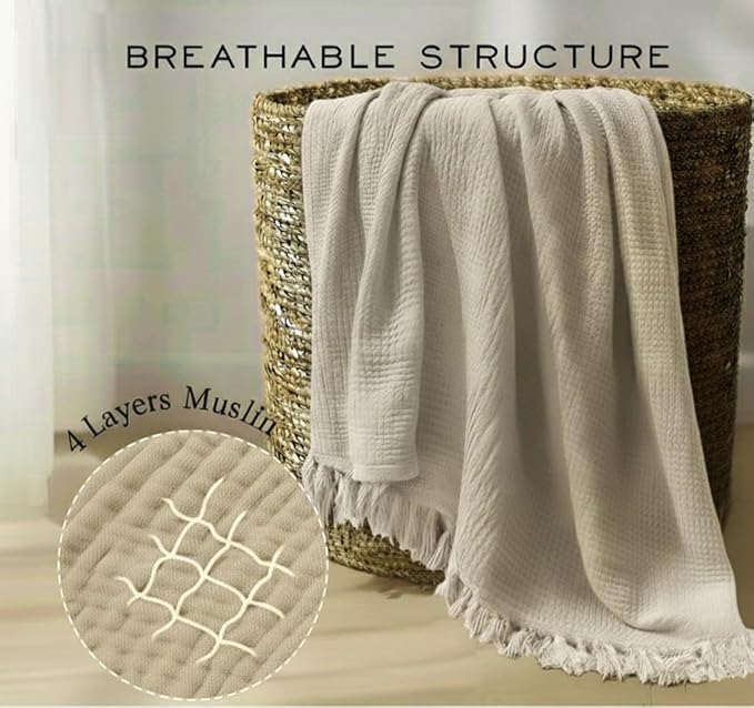 KyraHome 100% Organic Cotton Msulin Throw Blankets, Queen 90"x90", Pre-Washed Plant Dyed, Breathable Lightweight Soft Gauze Summer Blankets for Adults, Bed, All Season, Oatmeal Khaki