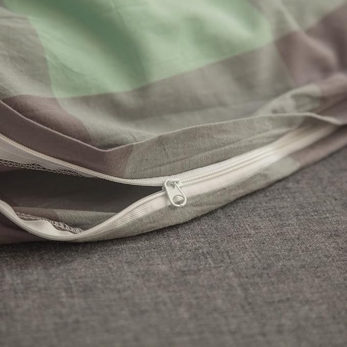 FACE TWO FACE Bedding Duvet Cover Set100% Washed Cotton Duvet Cover Linen Like Textured Breathable Durable Soft Comfy (King, Light Green Grid)