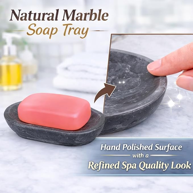 Luxury Hand Carved Natural Charcoal Marble Soap Dish, 3.8 x 5.8 x 0.9 H Inch