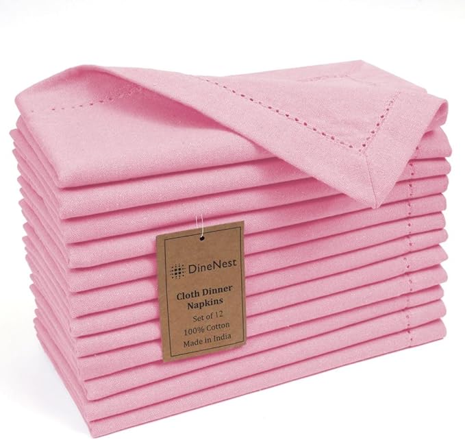 Hemstitch Dinner Napkins 100% Cotton Set of 12 - for Dining Special Occasions Weddings Parties Holidays Easter - Soft Durable Reusable - Elegant 18x18 Inch Table Cloth Napkins Baby Pink