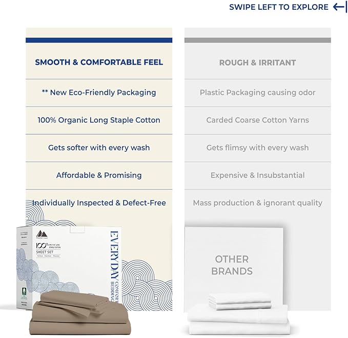 Mayfair Linen 100% Organic Cotton Sheets Twin XL Size - 3 PC Organic Cotton Percale Sheets Twin XL Set (Taupe), Soft, Crisp, Cooling Bedsheets, 16" Deep Pocket Hotel Bedding - GOTS Certified