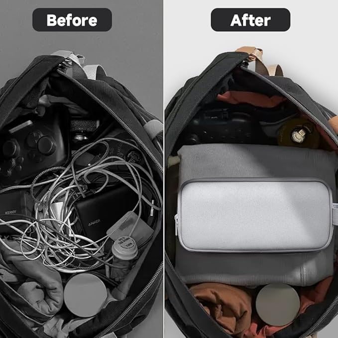 Teskyer Cable Organizer Bag, Travel Electronics Accessories Organiser, Protable Tech Pouch for Phone Chargers, Cables, Flash Drive, Power Bank, Hard Drive, Light Grey, 23.5 x 12 x 9 cm, Double-Layer