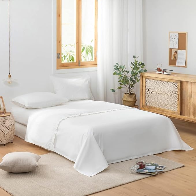 Simple&Opulence 100% Cotton Sheet Set Ruffle- 4Pcs (1 Flat Sheet 1 Fitted Sheet 2 Pillowcases) Bed Sheets Soft French Country Shabby Chic Vintage Bedding Set Aesthetic Farmhouse (White, Queen)