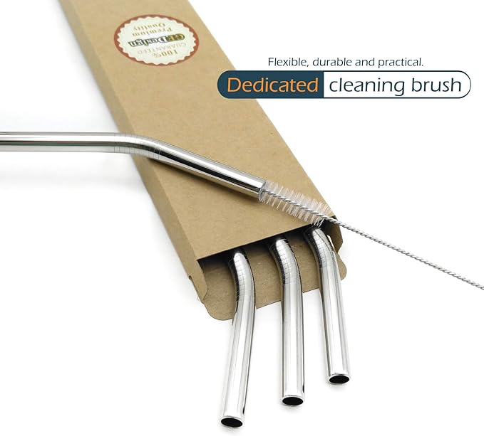 Big Drinking Straws Reusable 12 Inches Extra Long 9mm Extra Wide SUS 304 Food-Grade 18/8 Stainless Steel - Set of 4 with 2 Cleaning Brushes - Bent