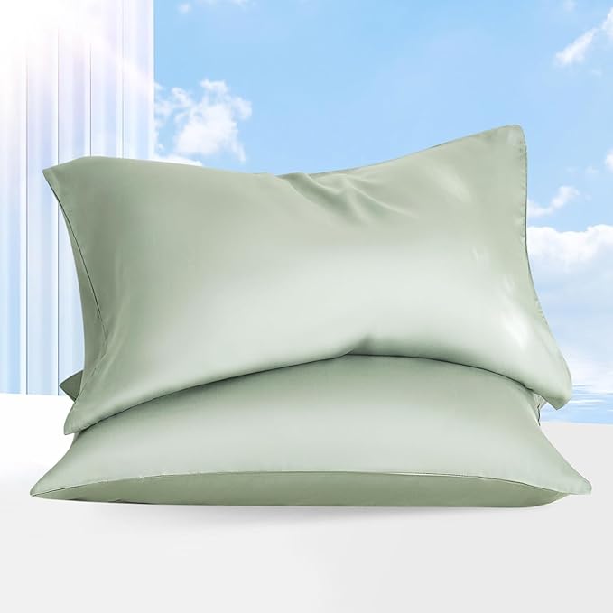 100% Lyocell Silk Pillowcase 2-Pc Tencel Pillowcases Silky Smooth Cooling Pillow Covers for Hot Sleepers 20x30 Inches (Green, 20x30in)