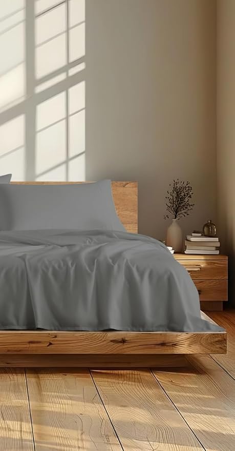 Linen Closet 4Pc 100% Organic Cotton Full Size Sheets Set, Grey, 300 Thread Count, Naturally Derived EarthColors, Deep Pocket Fitted Sheet (Up to 18"), Soft Bed Sheets Set, Juego De Sábanas Full