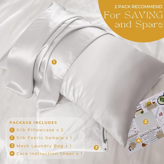 PROMEED 23 Momme Kids Silk Pillowcase 2 Pack with Free Laundry Bag, Natural Grade 6A+ Mulberry Silk Travel Toddler Pillow Case Set of 2, Zipper (Toddler/Travel 13"x18", Light Grey)