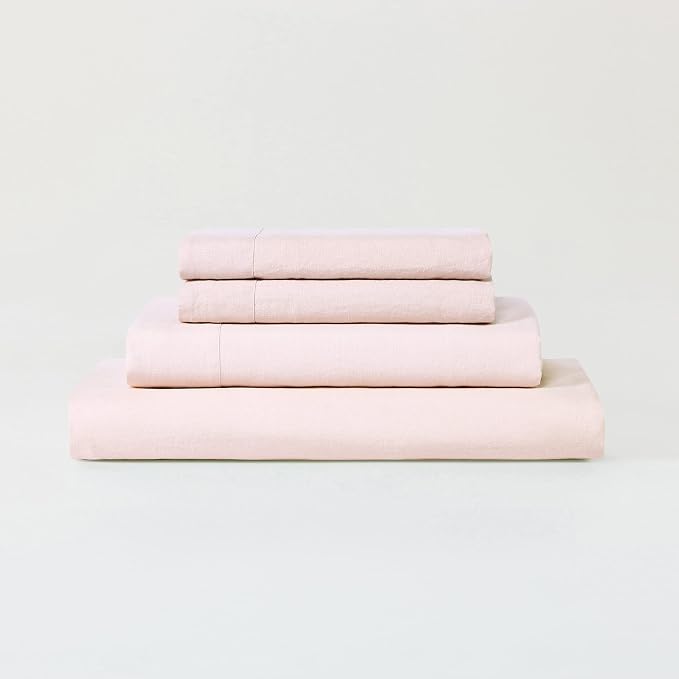 Sijo Stone Washed Organic French Linen Bed Sheet Set, GOTS Certified Organic, Best Cooling Linen Sheet Award by Sleep Foundation, 1 Flat Sheet Only (Blush, Full/Queen)