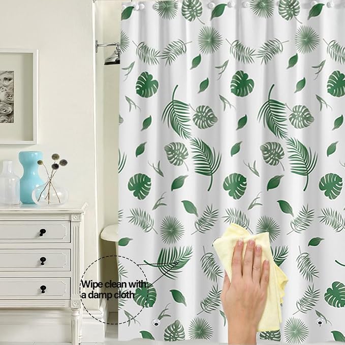 Plastic Shower Liner - Premium PEVA 4G Shower Curtain Liner with Rustproof Grommets and 3 Weighted Magnets, Waterproof Shower Curtains for Bathroom (Green Leaf)