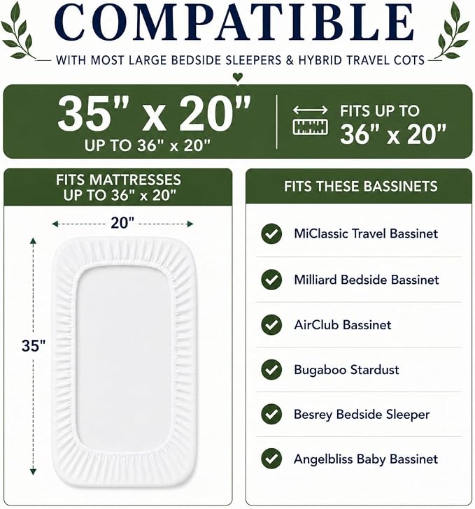 GOTS Organic Large Bedside Bassinet Sheets 35x20 for MiClassic, Milliard, Airclub, Premium Weight Turkish Cotton - Playard Sheets 36x20 Compatible with Bugaboo Stardust