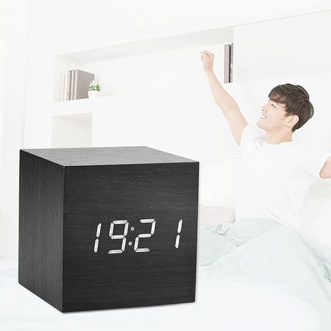 Wooden Alarm Clock, Digital Alarm Clock LED Time Temperature Display with Voice Control for Bedroom, Bedside, Desk, 6x6x6cm(Black)