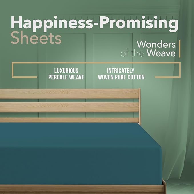 TEXAS LINEN CO. 100% Organic Cotton Percale Weave Fitted Sheet Queen Size, Teal, 1 Deep Pocket Queen Fitted Sheet, Fits Mattress Upto 16" Crisp and Cool Bed Linen, Luxury GOTS Certified Sheets
