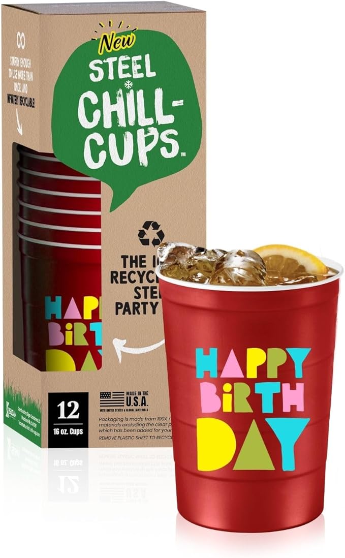 Steel Chill Cups 16 oz. Party Cups 'Happy Birthday' Balloon Design for Cold Drinks, Durable, Disposable, Recyclable, Made in USA, Red, 12 Count