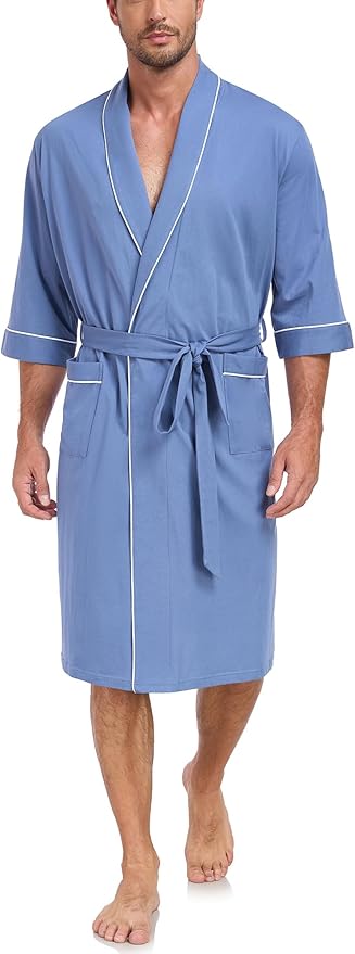 COLORFULLEAF 100% Cotton Men’s Summer Bathrobe Lightweight & Breathable Short Sleeve Kimono Robe with Pockets