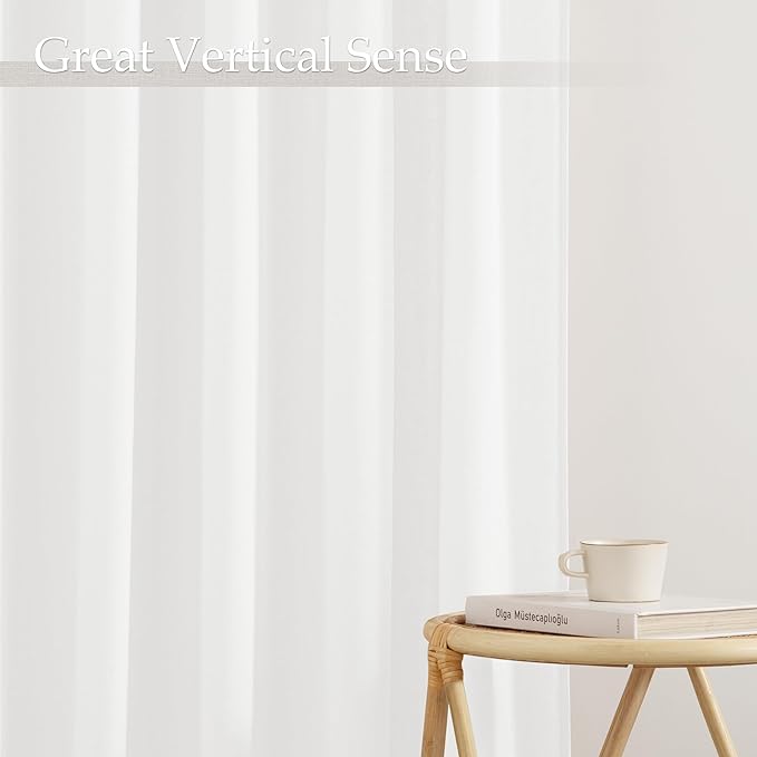 NICETOWN Linen Curtains 84 inch Long 2 Panels Set, 55" Wide White Thick Flax Linen Blend Privacy Window Drapes Rod Pocket & Back Tab with Light Filtering for Bedroom/Living Room, W55 x L84