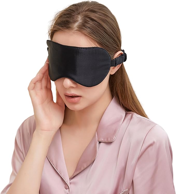 100% Mulberry Silk Sleep Mask for Women/Men Airplane Travel, Pure 22 Momme Silk Eye Mask Blackout for Sleeping, Ajustable, Luxury, Anti Wrinkle, Anti Aging Silk Blindfold, Made in USA (Black)