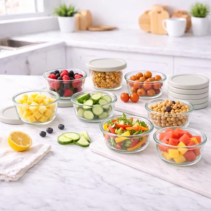 16-Piece Glass Food Storage Containers Set (8 Containers + 8 BPA-Free Lids) | 1-Cup, Leakproof | Microwave, Freezer, Oven & Dishwasher Safe | Ideal for Meal Prep & Pantry Organization, Beige