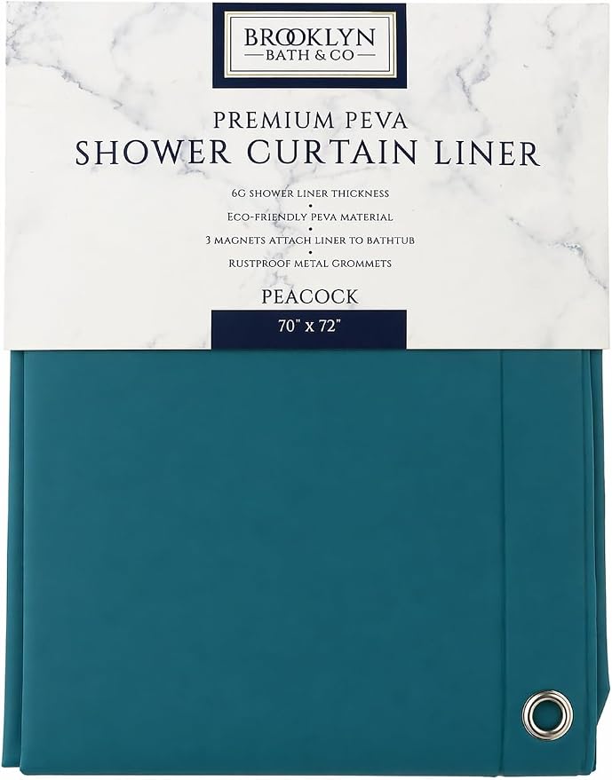 Home Expressions Premium 6 Guage PEVA Shower Curtain Liner - PVC Free Magnetized Bottom Odorless with Rustproof Grommets 70"x72" (Peacock)