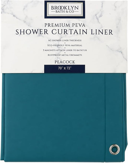 Home Expressions Premium 6 Guage PEVA Shower Curtain Liner - PVC Free Magnetized Bottom Odorless with Rustproof Grommets 70"x72" (Peacock)