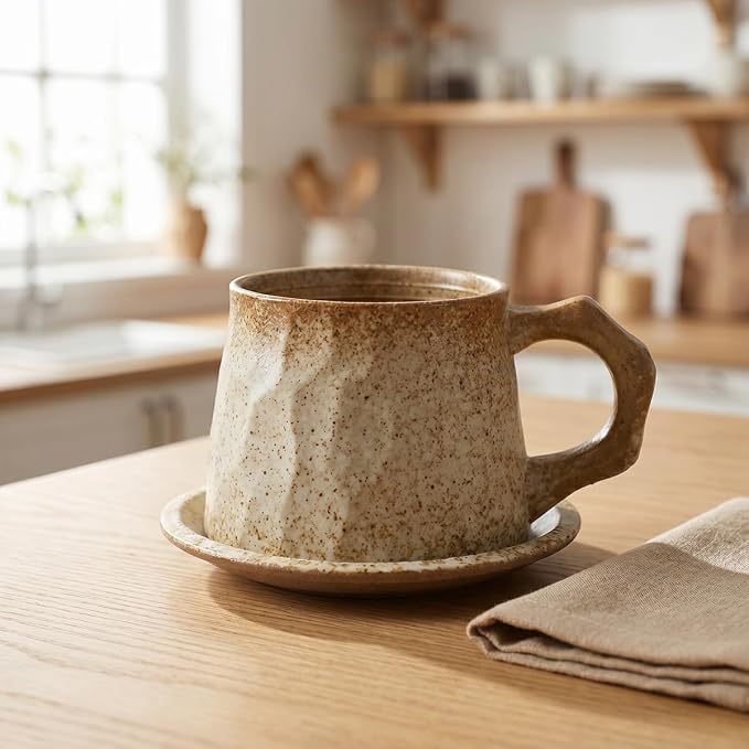 Vintage Faceted Speckled Ceramic Coffee Mug with Saucer, Rustic Stoneware Cup for Tea Latte (YF-CS03)