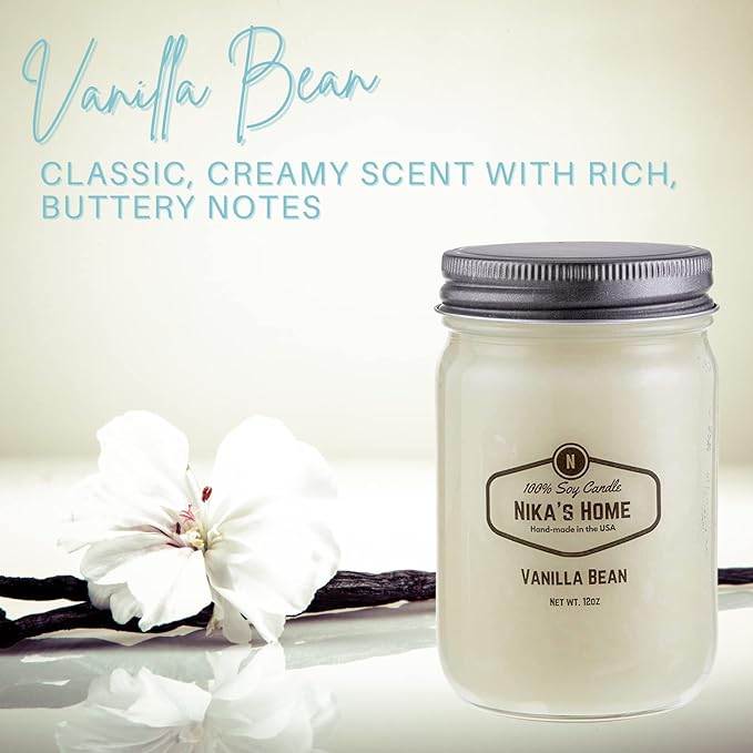 Nika's Home Vanilla Bean Soy Candle - 12oz Mason Jar - Non-Toxic - Hand Poured in The USA, Long Burning 50-60 Hours Highly Scented All Natural, Clean Burning