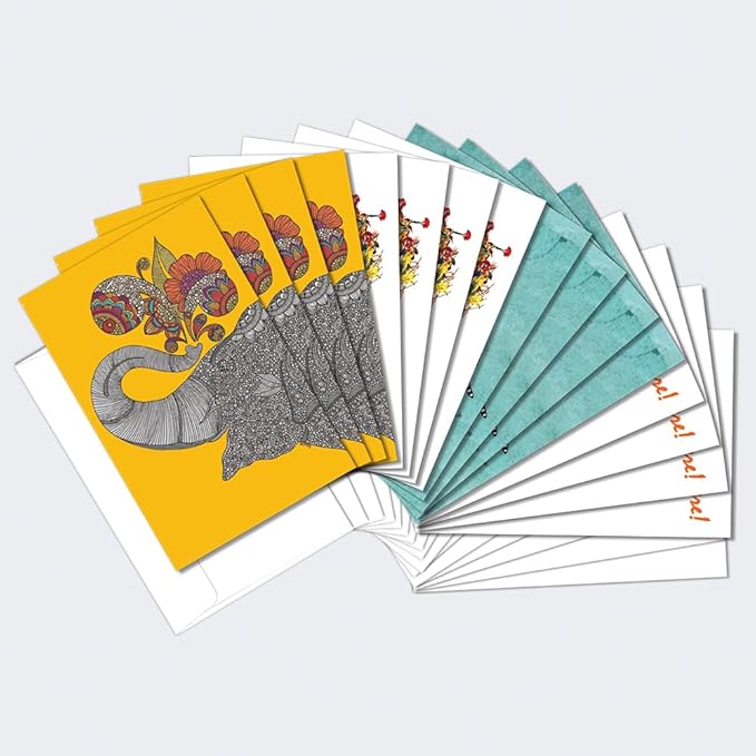 Tree-Free Greetings Elephant and Giraffe All Occasion Cards - 16 Recycled 4x6 Cards & White Envelopes, Thick Cardstock, Made in USA - Happy Artful Animals