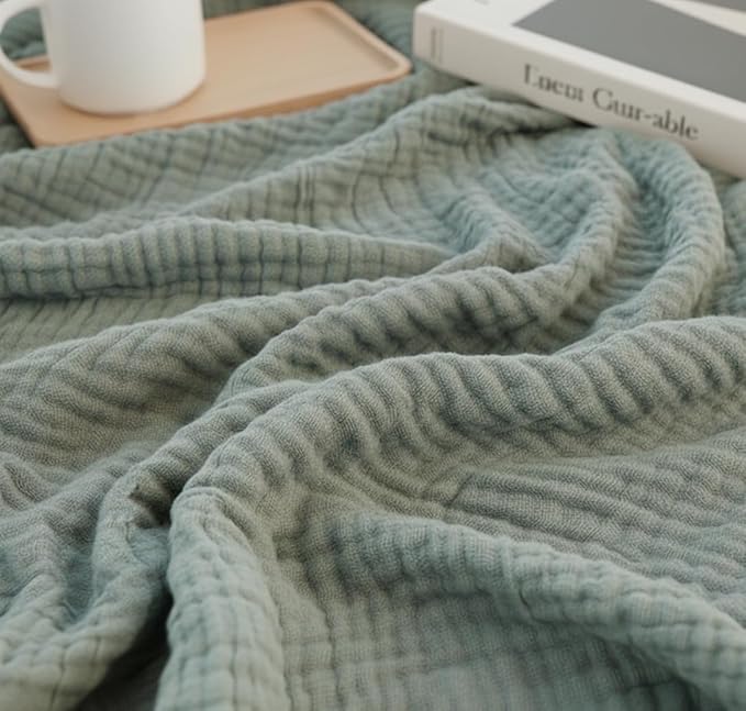 KyraHome 100% Organic Cotton Throw Blankets, 60"x80", Plant Dyed, Lightweight Warm, Gauze Soft Muslin Blankets for Adults, Picnic, Travel, Summer, All Season, Sage Green