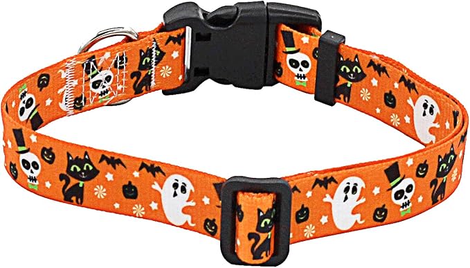 Mihqy Halloween Dog Collar - Pumpkin Bat Ghost Pattern - Adjustable for Small Medium Large Dogs(Halloween,S)