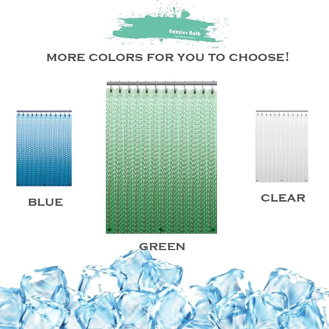 Green 3D Crystal Plastic Shower Curtain Liner, 72x72 Inch Thin Lightweight Ice Cube Plastic Bathroom Shower Showroom Inner Curtain with Rustproof Metal Grommet Holes and Weighted Magnets