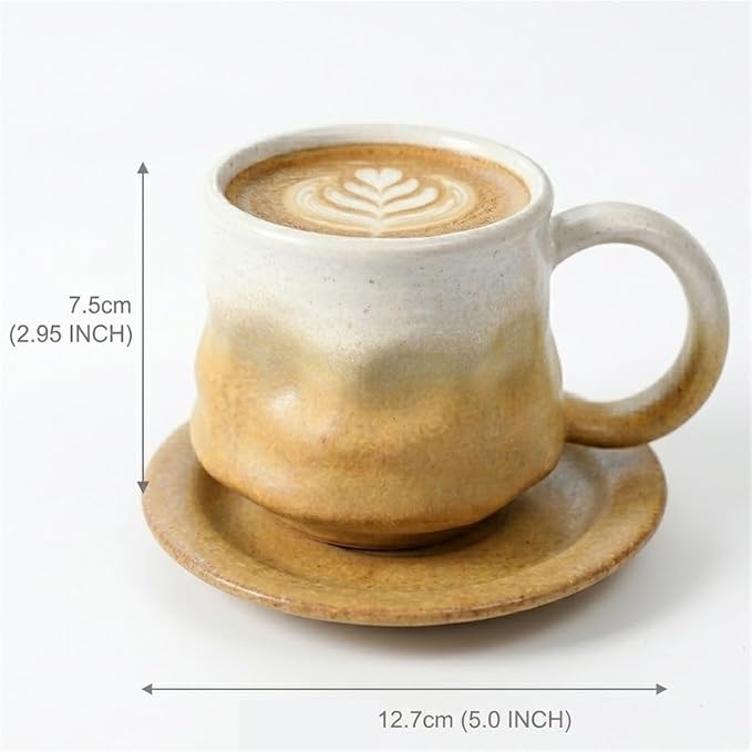 Handmade gradient ceramic coffee cup and saucer set, 8-ounce ceramic mug, distinctive glaze technology, microwave/dishwasher safe for coffee, tea, latte, rustic craftsman style(Gradient yellow)