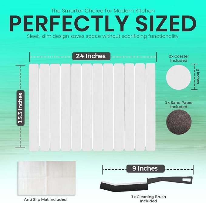 Premium Stone Dish Drying Mat – Large Foldable Kitchen Counter Mat, Super Absorbent Diatomaceous Earth with Coasters, Brush & Anti-Slip Pad – Fast Drying, White