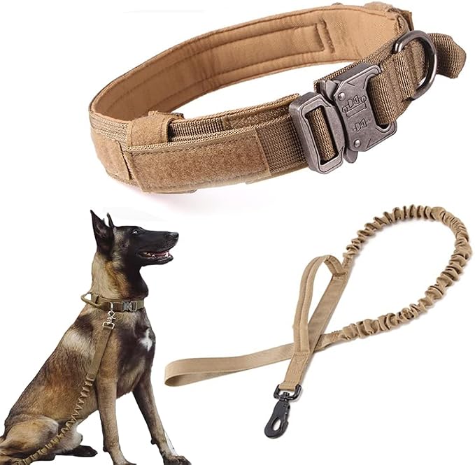 Tactical Dog Collar and Leash Set Adjustable Military Nylon Dog Collar with Control Handle and Heavy Duty Metal Buckle for Large Dogs（Brown M