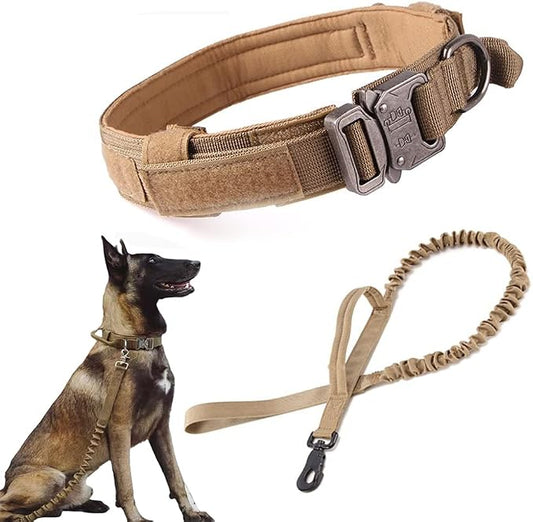 Tactical Dog Collar and Leash Set Adjustable Military Nylon Dog Collar with Control Handle and Heavy Duty Metal Buckle for Large Dogs（Brown M