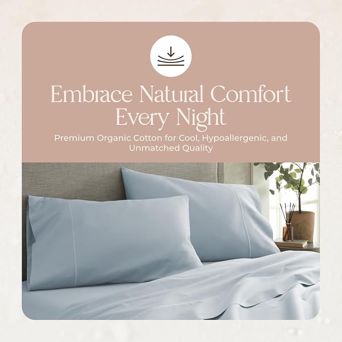 Whisper Organics, Queen Bed Sheet - 100% Organic Cotton Fitted Sheet - 300 Thread Count, Fitted Sheet Only - GOTS Certified - Deep Pocket, Powder Blue Color (Queen Size)