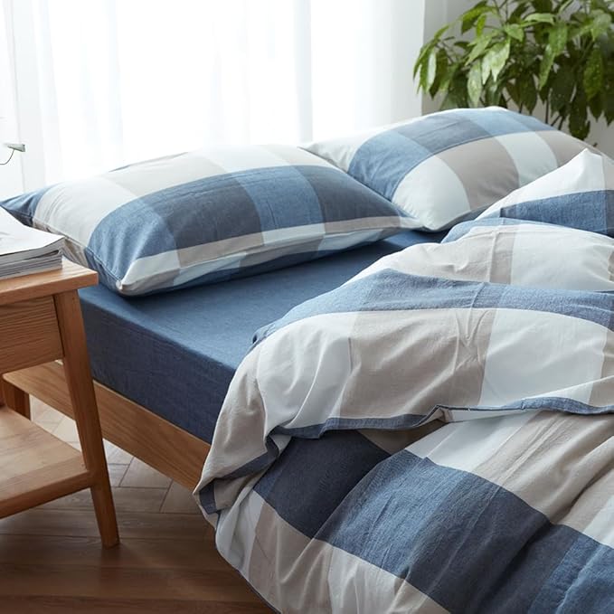 FACE TWO FACE Bedding Duvet Cover Set100% Washed Cotton Duvet Cover Linen Like Textured Breathable Durable Soft Comfy (Twin, Blue and White Grid)
